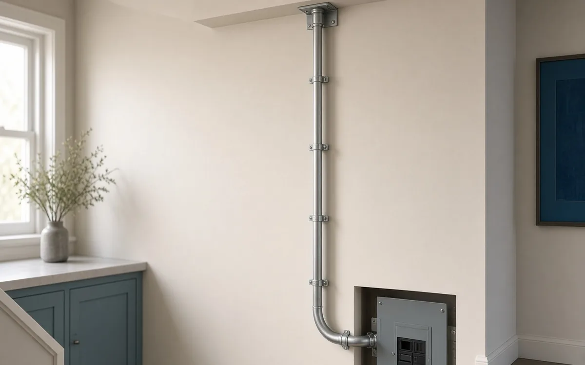 Interior conduit run from an attic access down a wall toward the panel