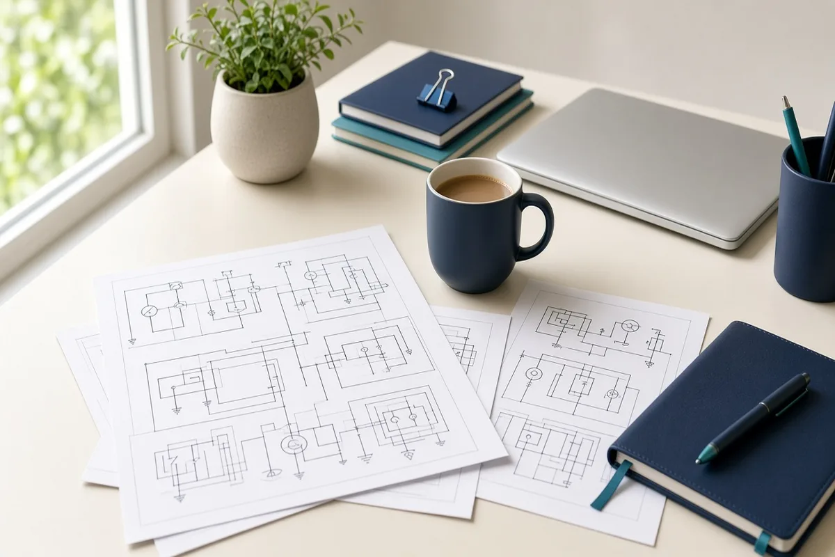 Editorial desk with electrical diagrams and soft window light