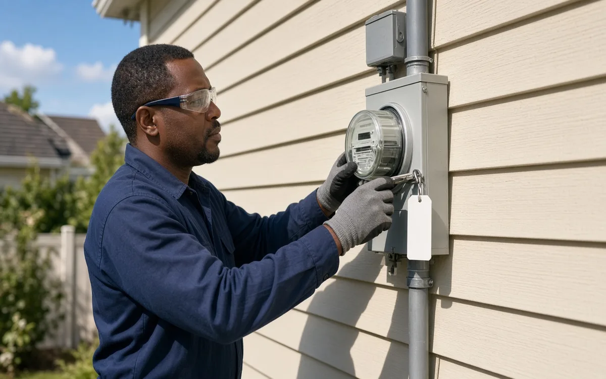 Electrician preparing a residential meter for a planned grid disconnect