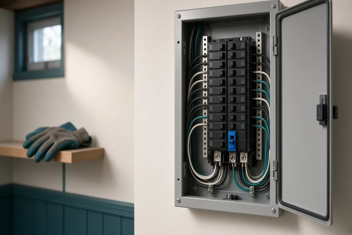 Open electrical panel with a dedicated solar breaker and tidy basement wiring