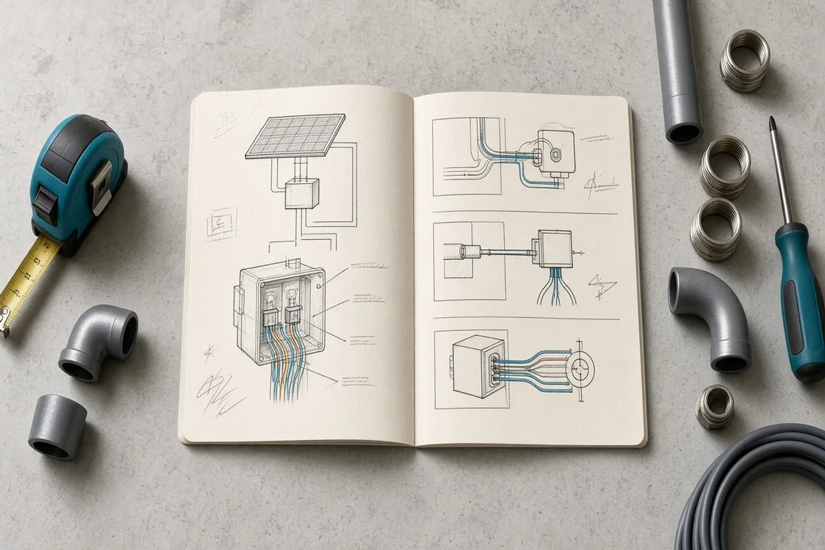 Printed wiring guide on a workbench with conduit fittings and a tape measure