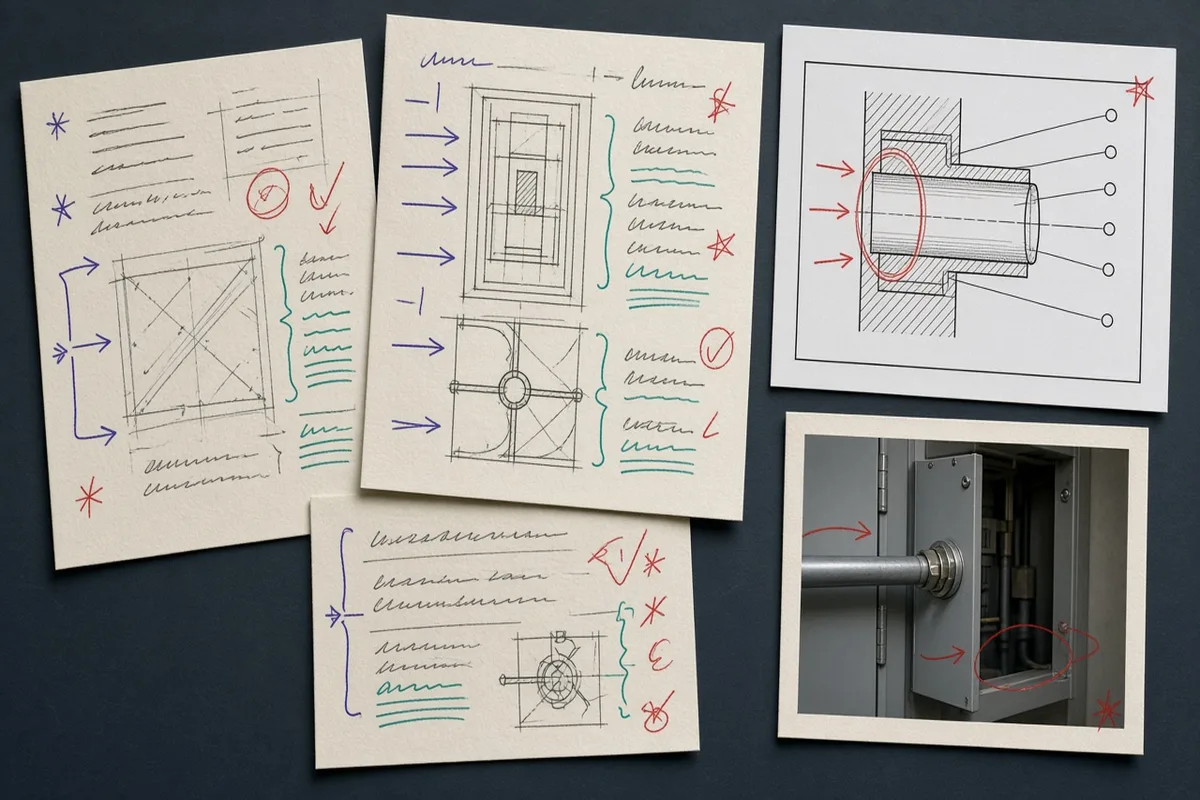 Handwritten research notes and wiring reference materials on a desk