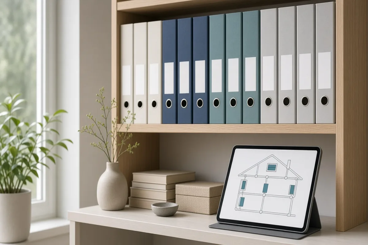 Reference binders and a tablet with wiring diagrams on a shelf