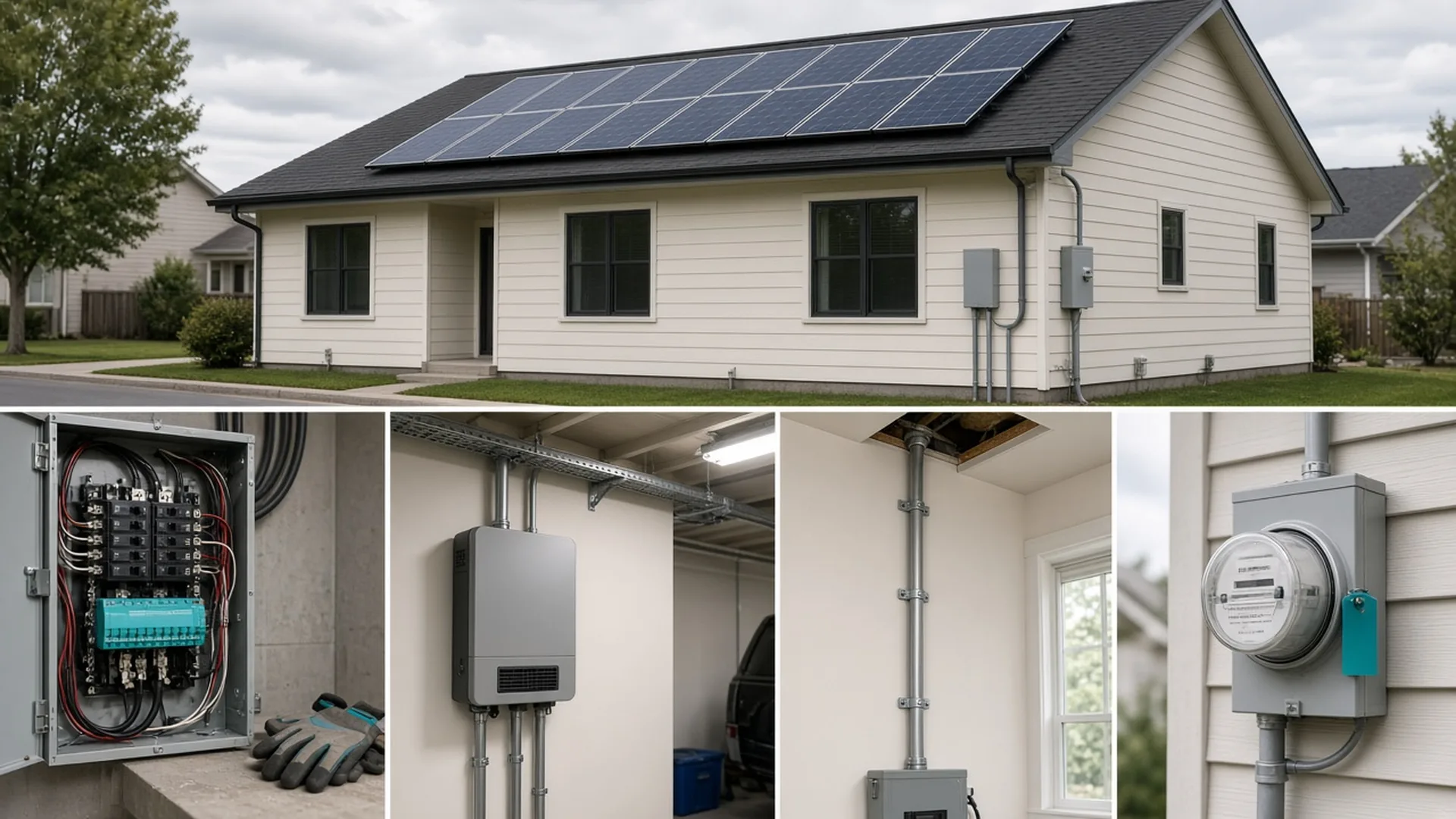 Suburban home with rooftop solar panels and an exterior meter area