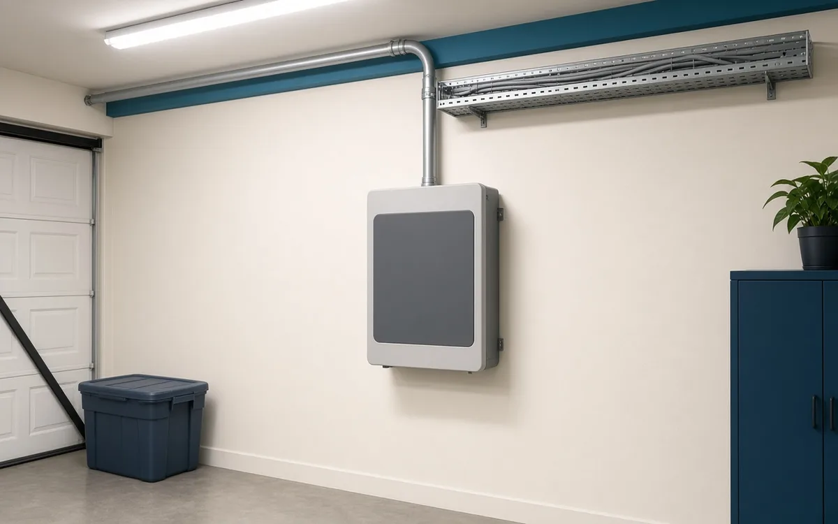 Solar inverter on a garage wall with conduit running toward the ceiling